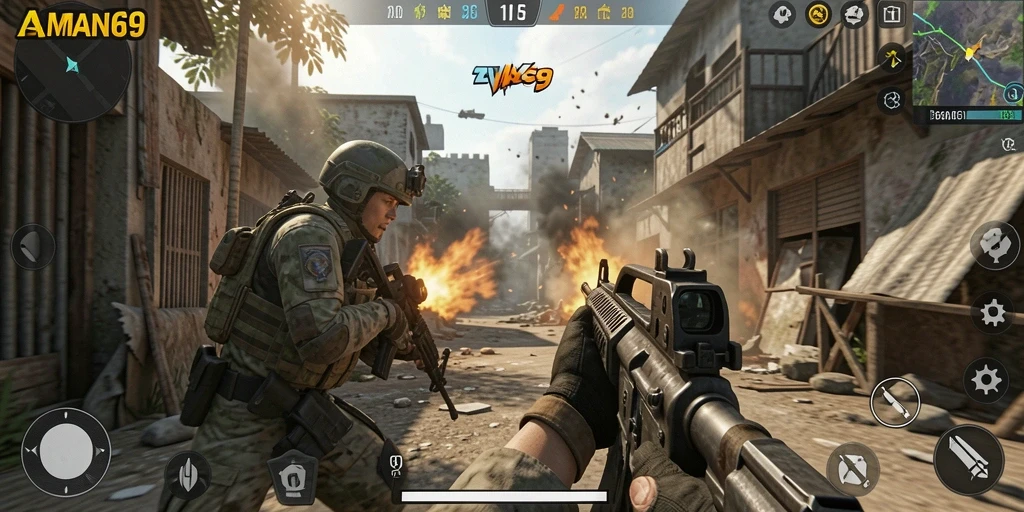 Screenshot gameplay AMAN69 menampilkan aksi menegangkan dalam pertempuran TPS.