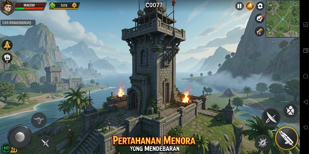 Tangkapan layar gameplay C0077 menampilkan aksi mendebarkan Tower Defense.