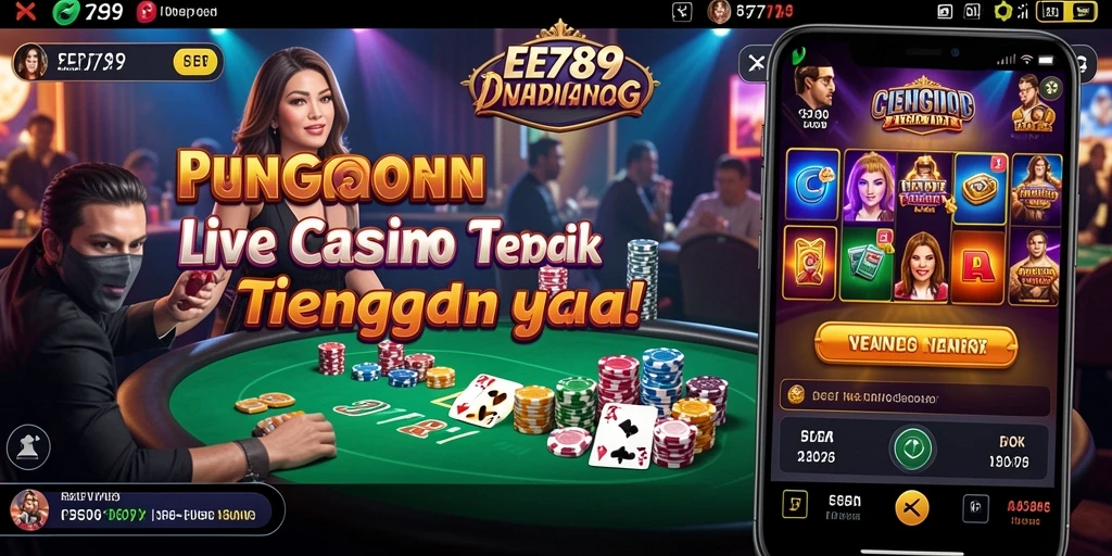 Screenshot gameplay EE789 menampilkan dealer langsung dan suasana permainan yang mendebarkan.