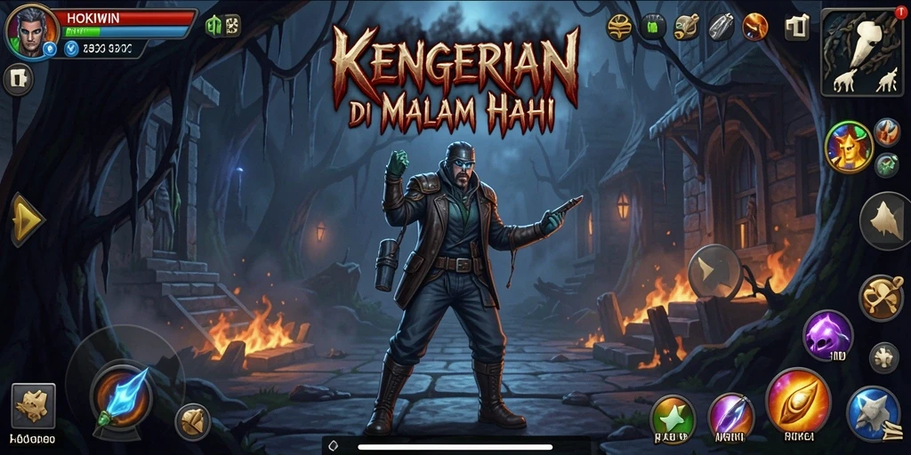 Tampilan gameplay HOKIWIN dengan makhluk menakutkan di kegelapan.