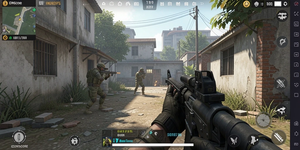 Tampilan gameplay IDNSCORE dengan aksi menembak yang intens.