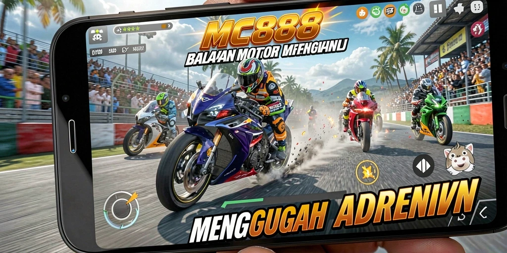 Screenshot MC888 menampilkan aksi balapan motor yang mendebarkan.
