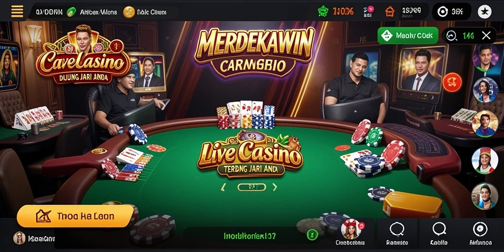 Screenshot MERDEKAWIN menampilkan dealer langsung dan permainan kasino yang menegangkan.