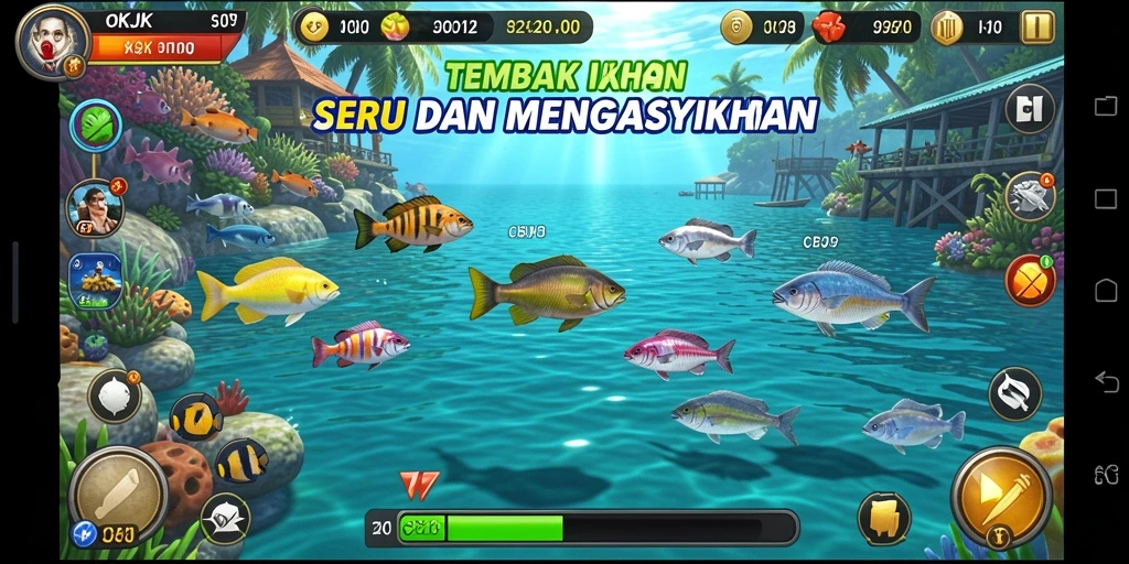 Tampilan gameplay seru saat menembak ikan di OKJK.