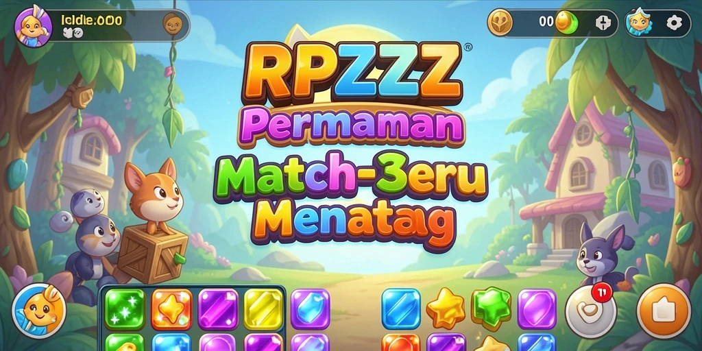 Tampilan gameplay seru RPZZZ dengan batu permata berwarna-warni.