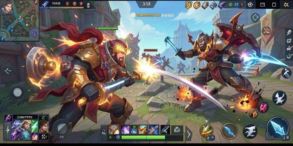 Tampilan seru gameplay ZOROTOTO dengan pertempuran MOBA intens.